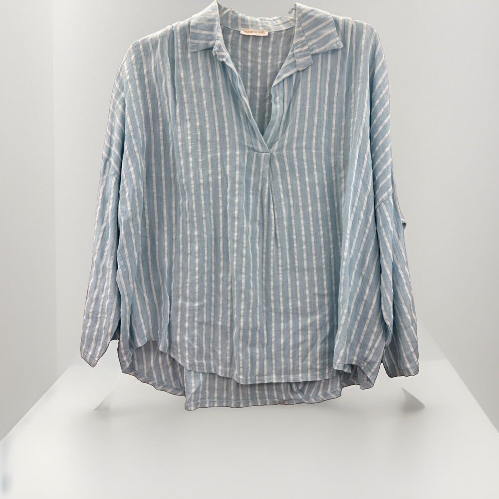Linen Made In Italy Shirt Blue White Tunic Dress Coastal Boho Lagenlook One Size